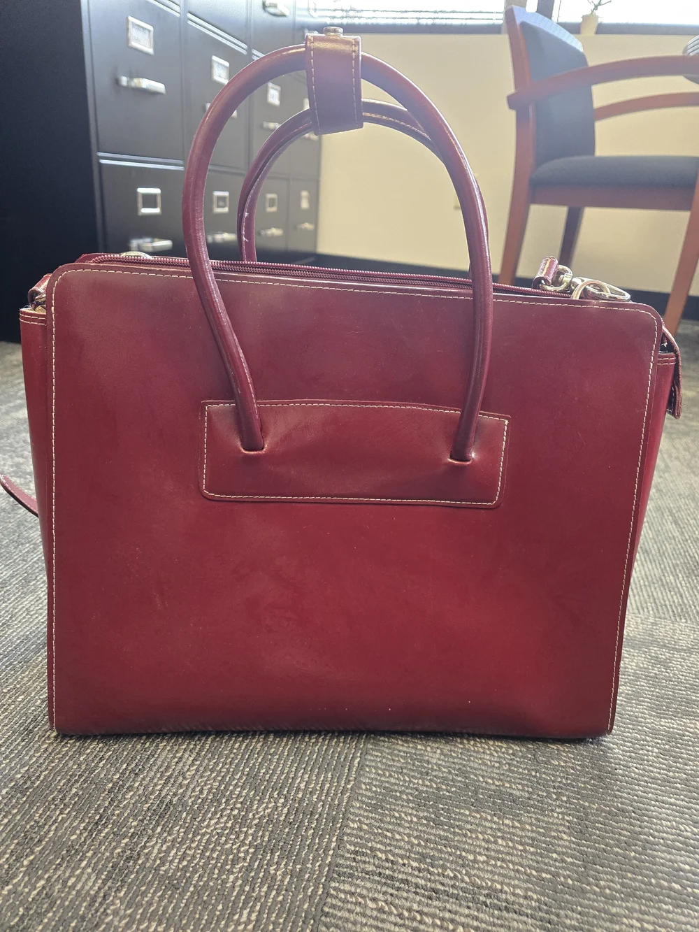 Sleek Red McKlein Leather Laptop Tote with Top Handles and Shoulder Strap